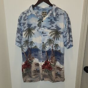 Steve & Barry's Border Beach Hibiscus Print Hawaiian Button Down EUC Size Large